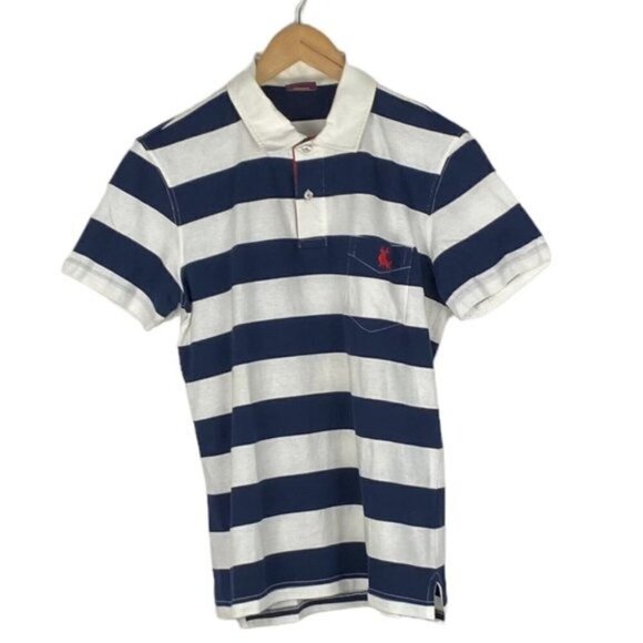 Piel de Toro Men's Navy Blue White Striped Short Sleeve Polo Sz S - Picture 1 of 11